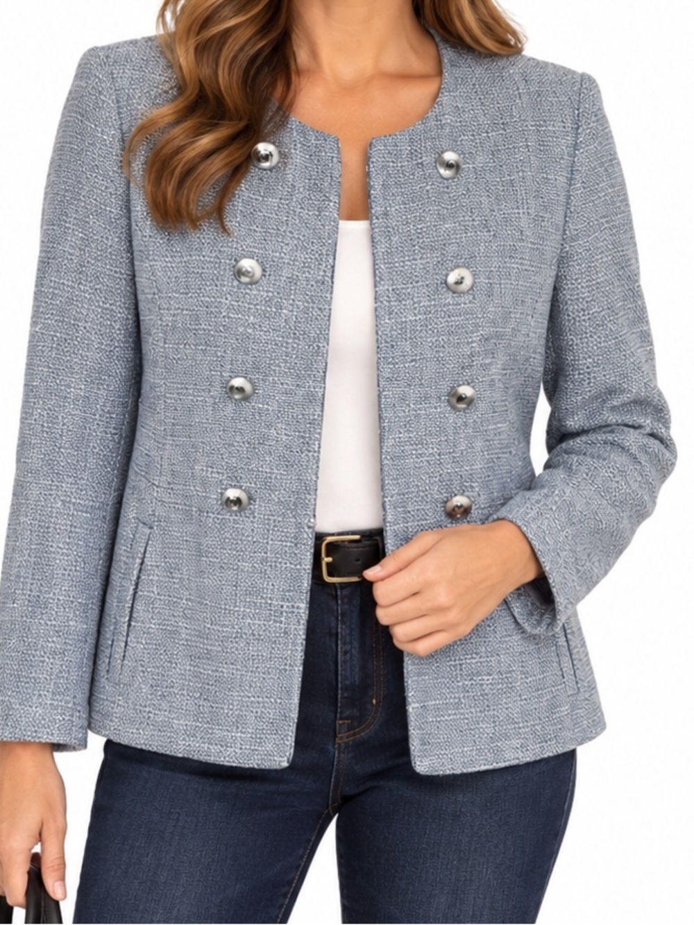 ZARA Blue Tweed Military Jacket Blazer Silver Buttons Size XL